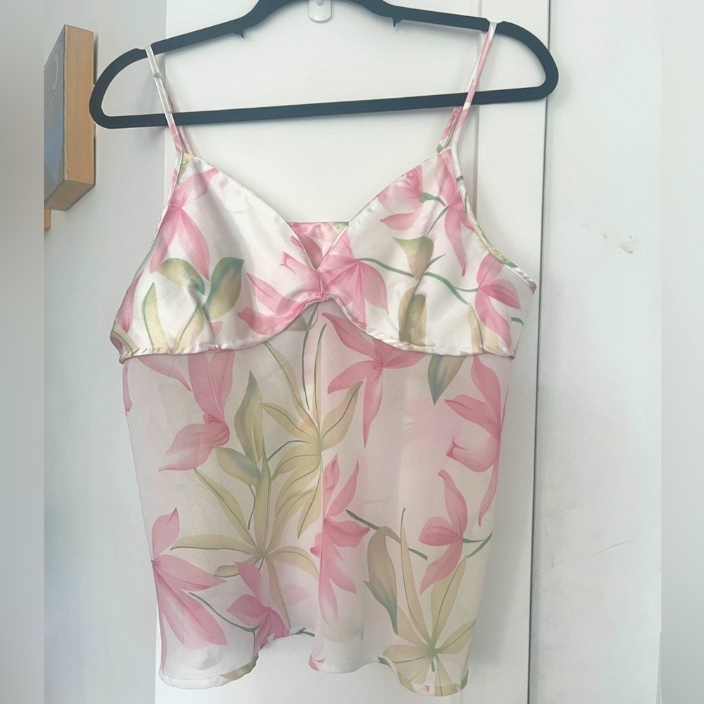 #56 White and Pink Floral Satin and Georgette Cami Slip Top